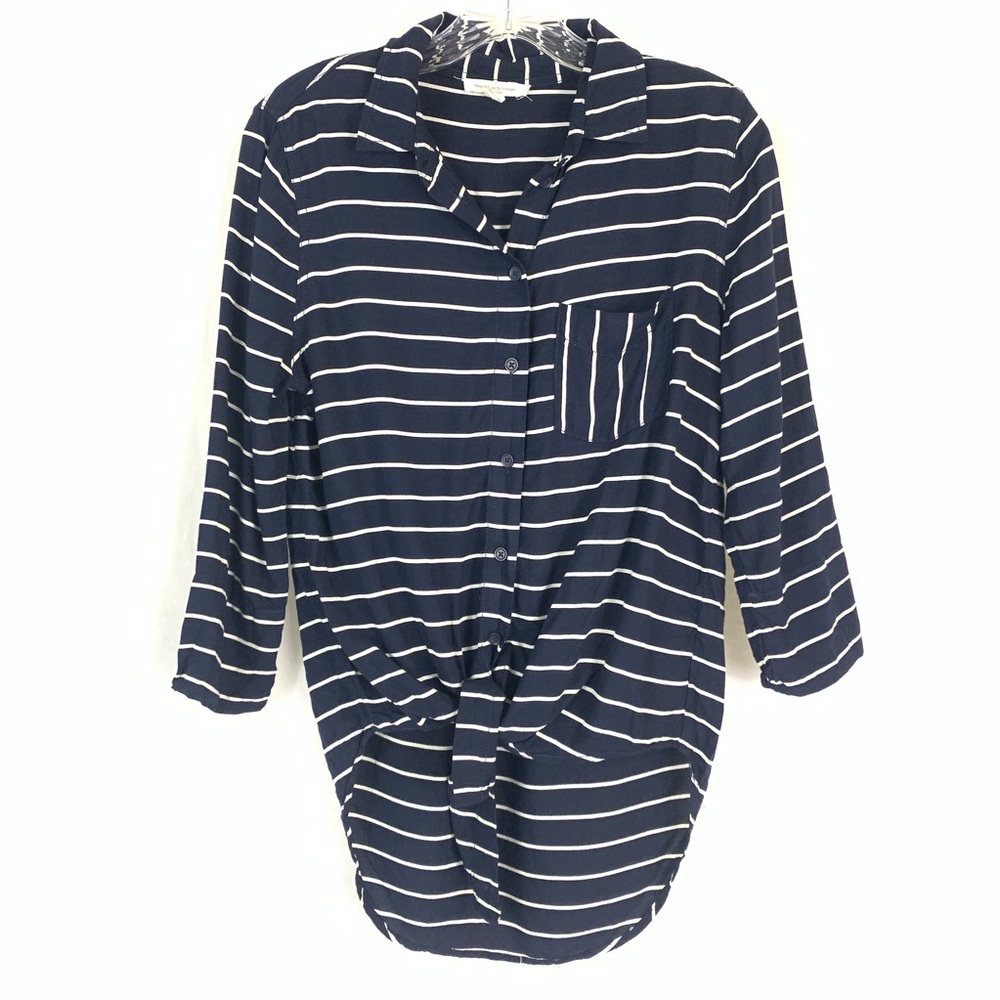 BeachLunchLounge Navy White Striped Tie Front Top